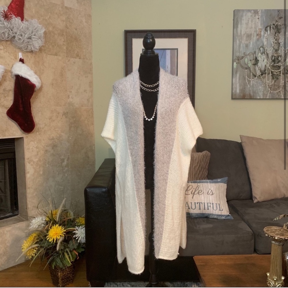 Ivory/Gray Soft Fuzzy Open Front Duster O/S - image 2